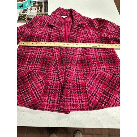J Jill Chenille Tweed Chenille Open Front Blazer Jacket Pink Red Pockets S Tall - Picture 10 of 12